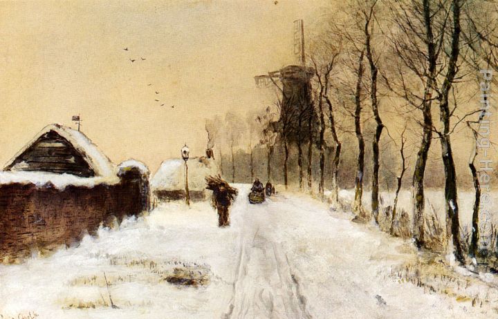 Wood Gatherers On A Country Lane In Winter painting - Louis Apol Wood Gatherers On A Country Lane In Winter art painting
